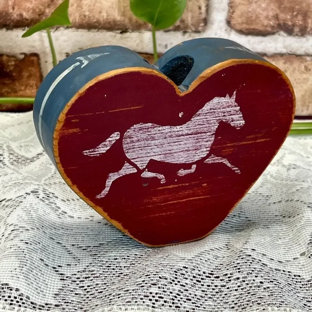 VTG Hand Painted Wood Heart Horse Small Candle Holder Cottage Farmhouse